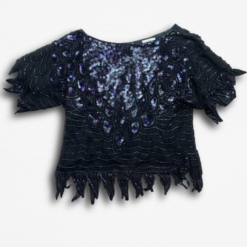 Swee Lo Vintage Silk Beaded Sequin‎ Blouse Black Iridescent Evening Top PM